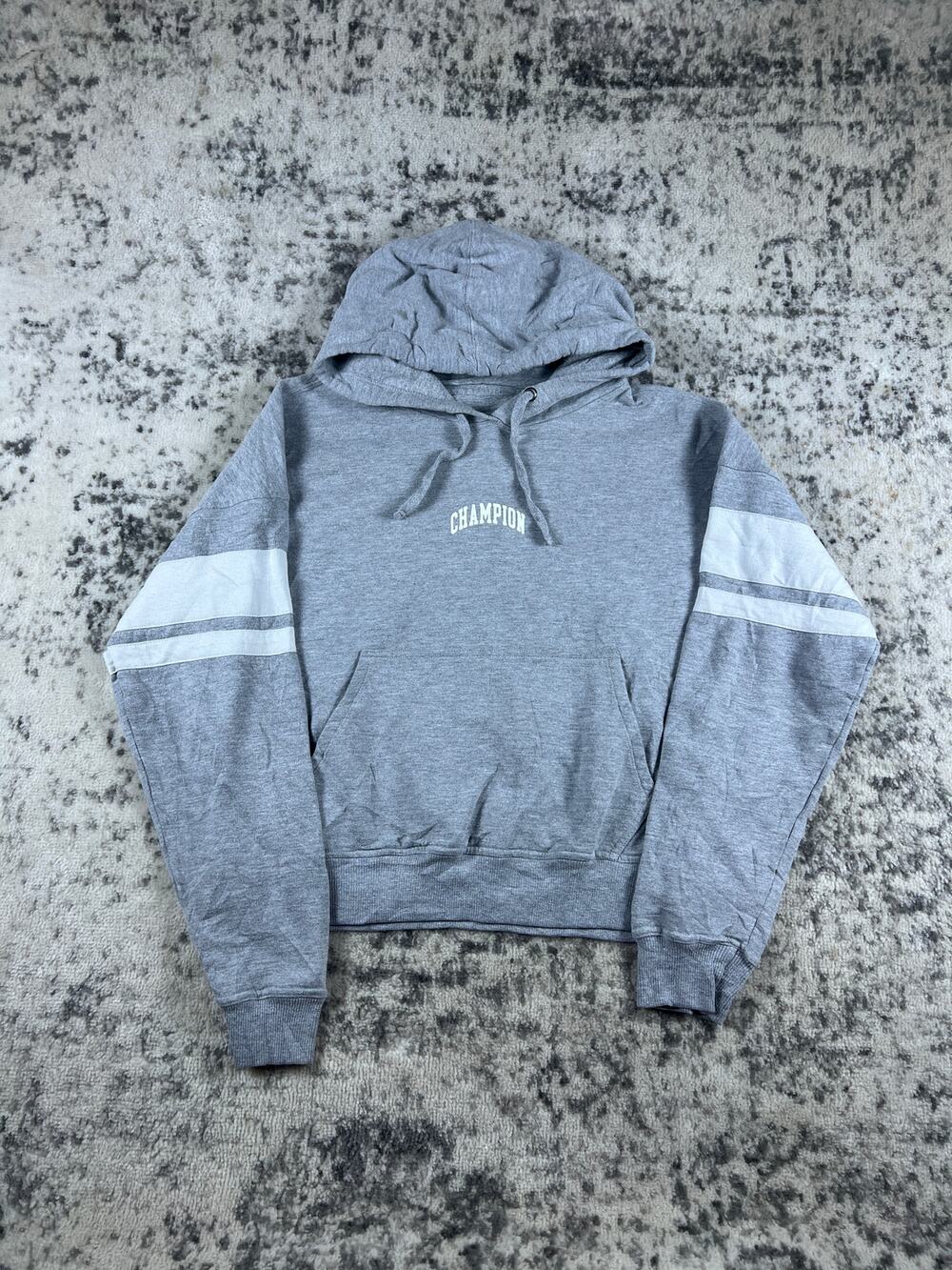 Champion Spellout Hoodie Mens M Gray Sleeve Stripe Fleece Sweatshirt Athleisure